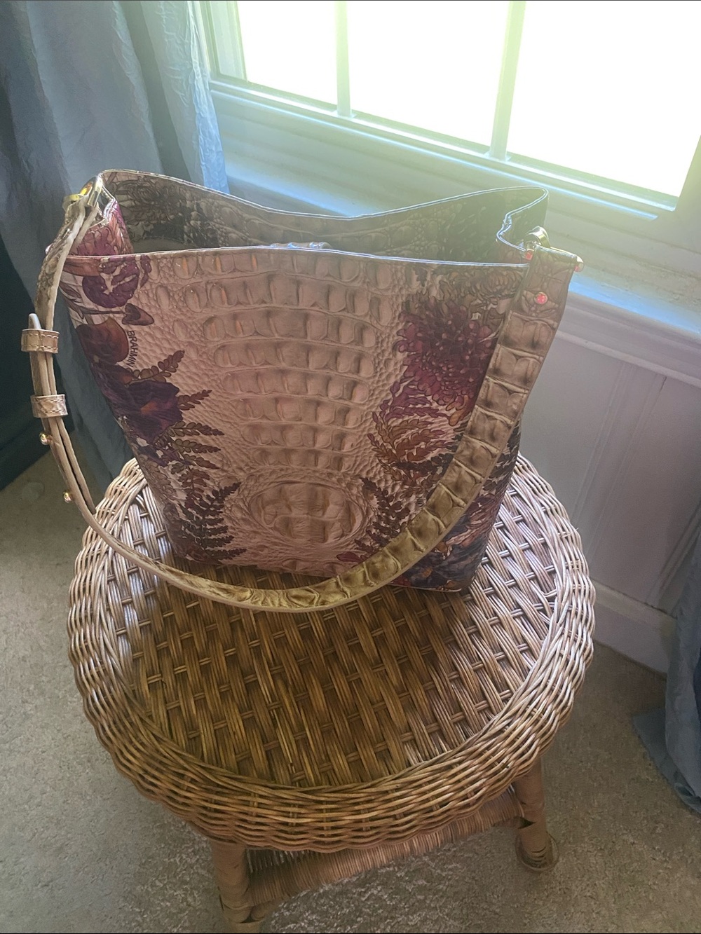 Textured Croc-Print Floral Tote Bag in Taupe and Plum